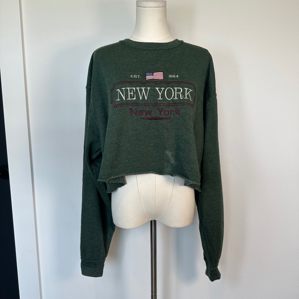 Pacific & Co New York Embroidered Crop Sweatshirt Y2K Streetwear Green L